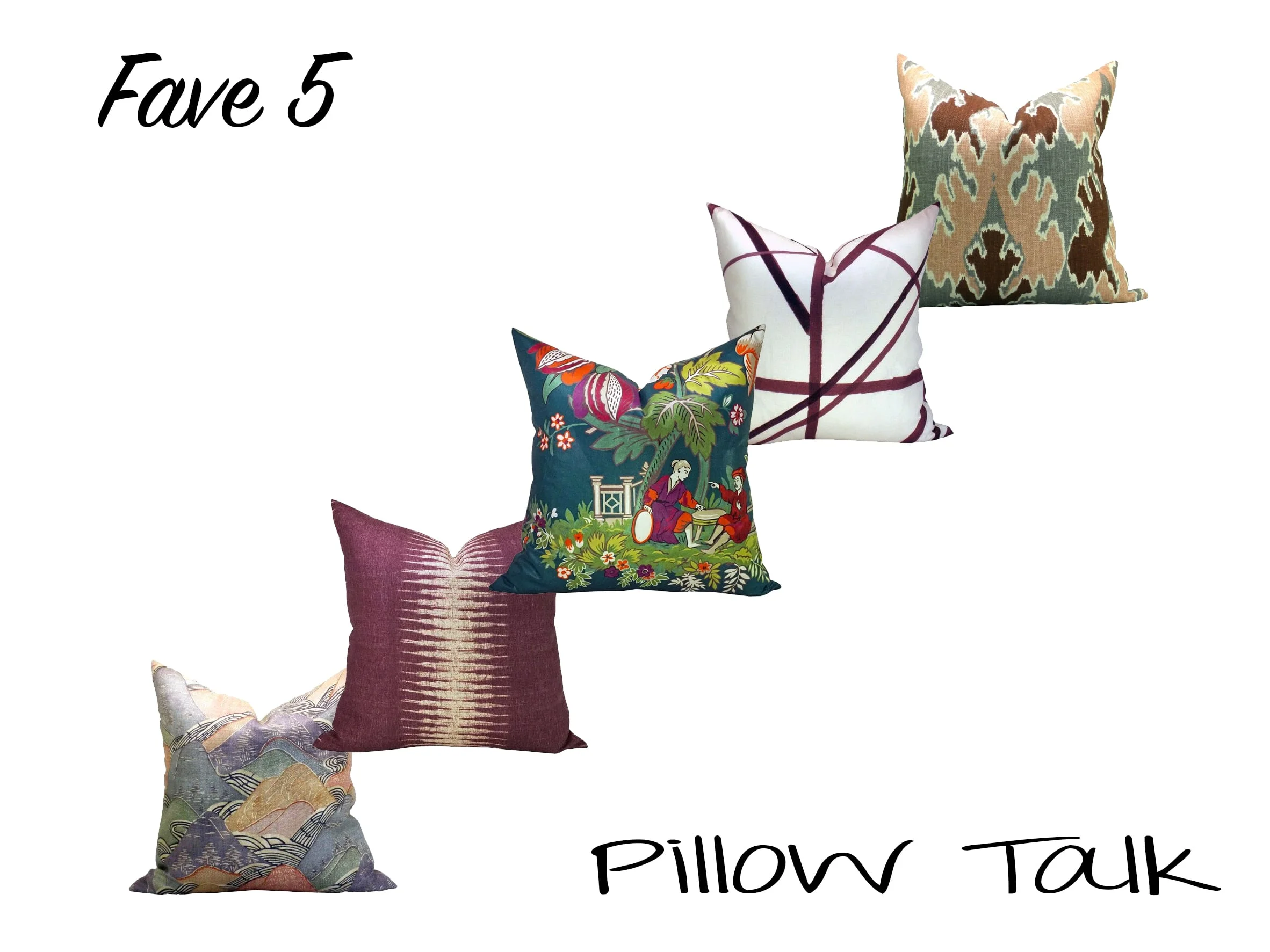 Left to right (all pillows by SparkModern ): Kelly Wearstler Edo Linen in Opal Peter Dunham Textiles Ikat in Pasha Manuel Canovas Parfum d'Ete in Bleu Canard Kelly Wearstler Channels in Plum Oatmeal Kelly Wearstler Bengal Bazaar in Magenta