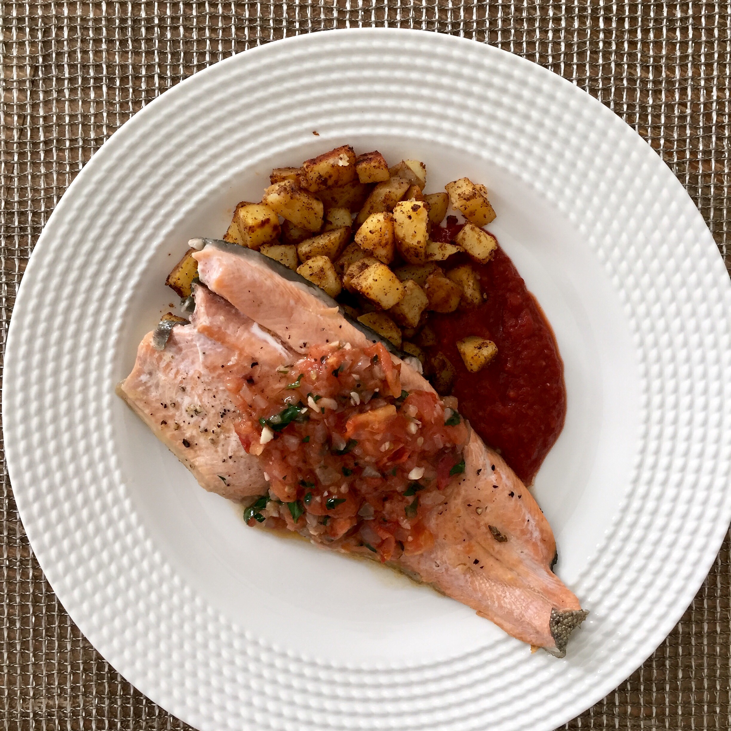 Rainbow Trout Veracruz, patatas bravas, tomato-caper-olive tapenade