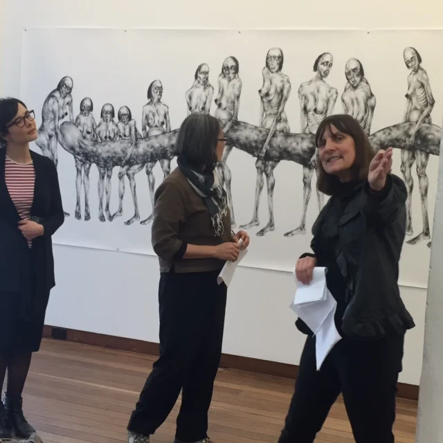  Jasmin (right) with Denise Thwaites (far left) and Phaptawan Suwannakudt opening  My Sisters and other Ghosts – Genevieve Chua, Imhathai Suwatthanasilp ,  Bussaraporn Thongchai ; background  Woman and a big fish  by Bussaraporn Thongchai; The Cross 