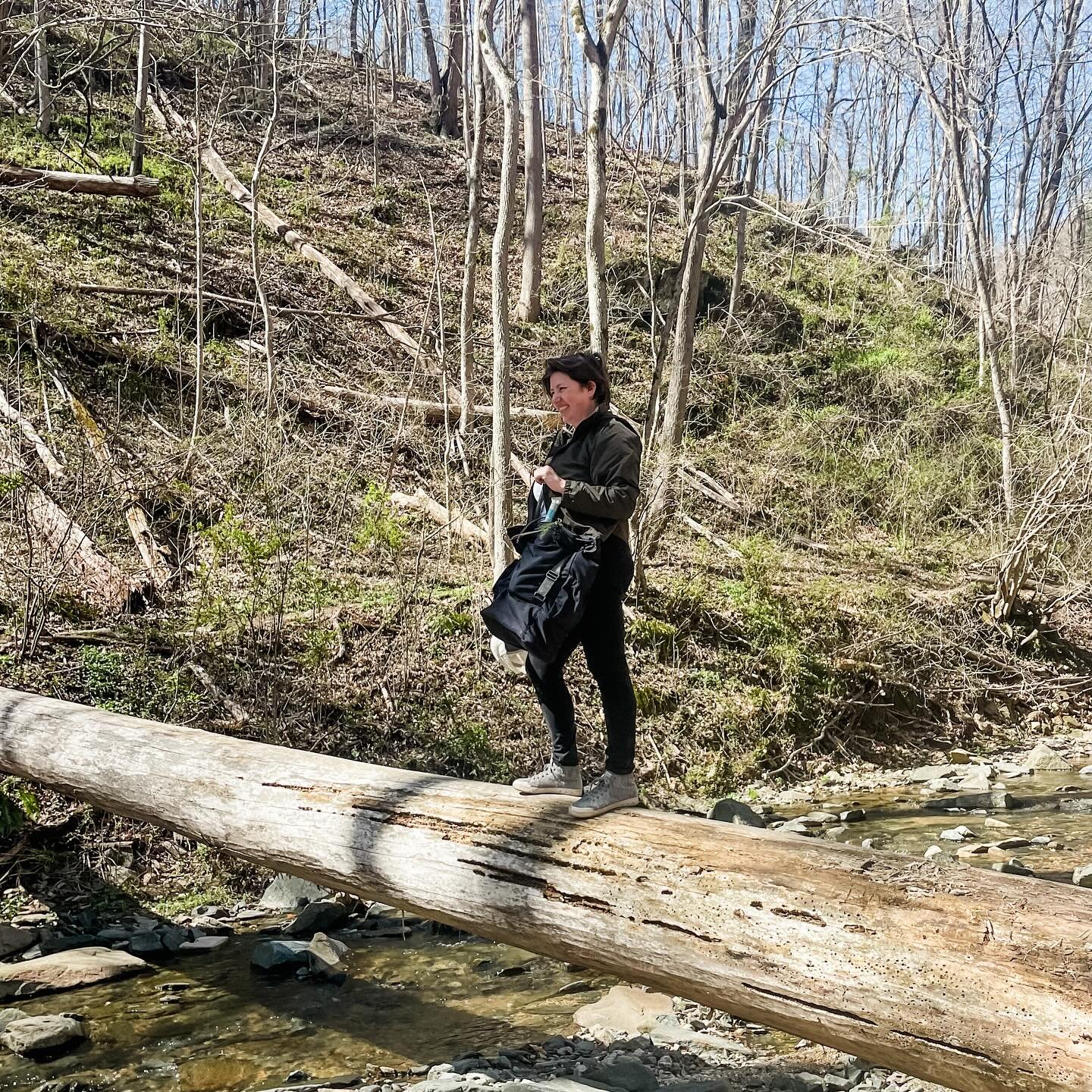 I used to cross a local river on a fallen tree on near daily hikes with Katie and Barkley and Roo. But that was almost ten years, 2 surgeries, and a child ago. It scared me every day back then and on Sunday, I found out it still scares me. I&rsquo;m 