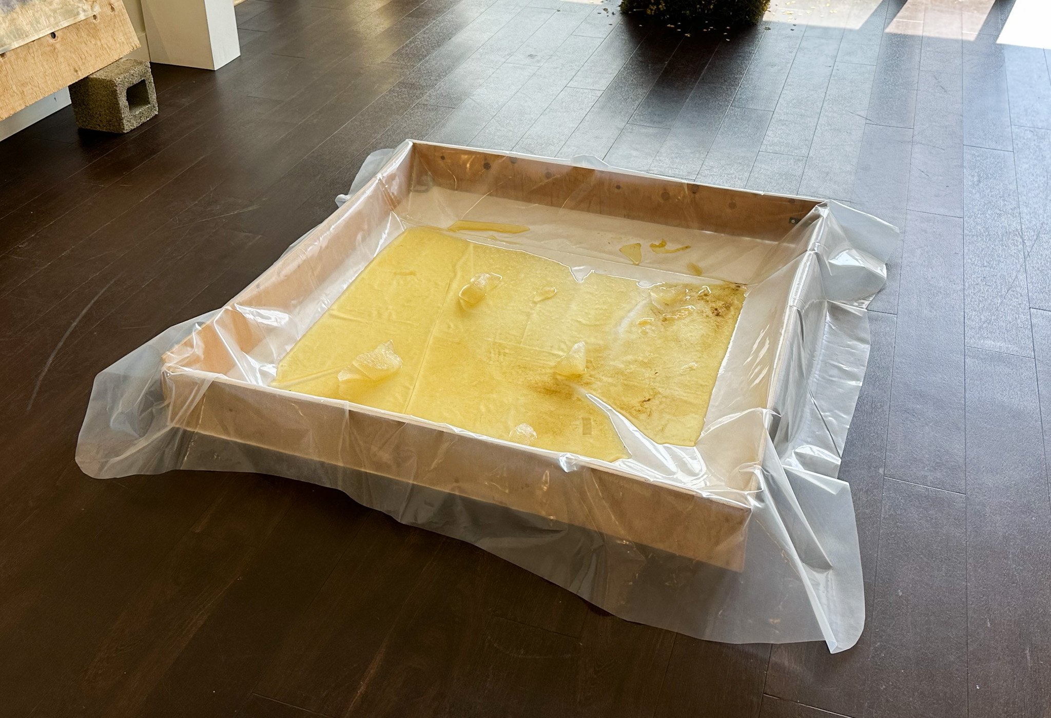 Blocks of Expansion, 2025. (Frozen spanish broom/gorse dye, scavenged, wood, tyvek, and 5ml poly plastic) 