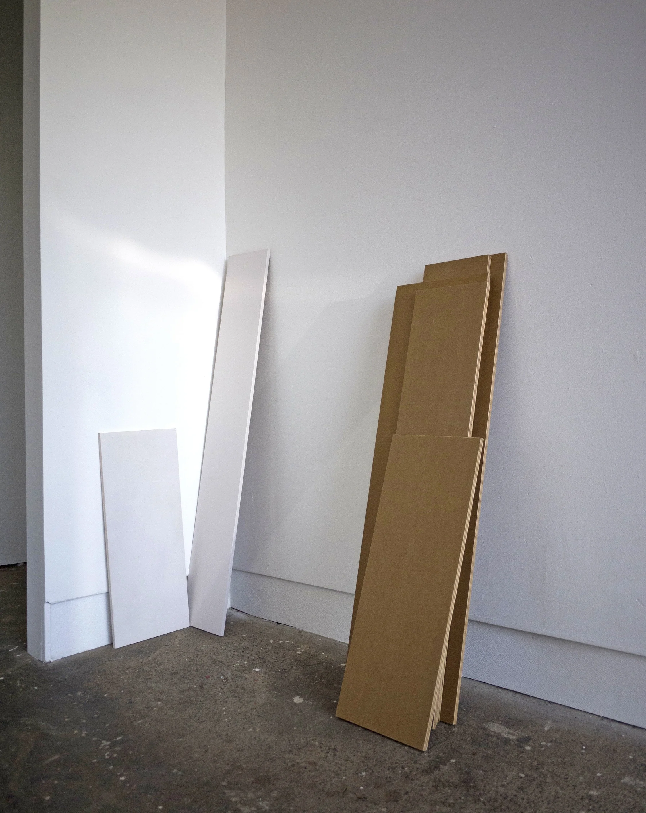 Corner: Painted plywood boards 120cm x 26cm x 40cm Right: MDF boards (found) 125cm x 44cm x 50cm