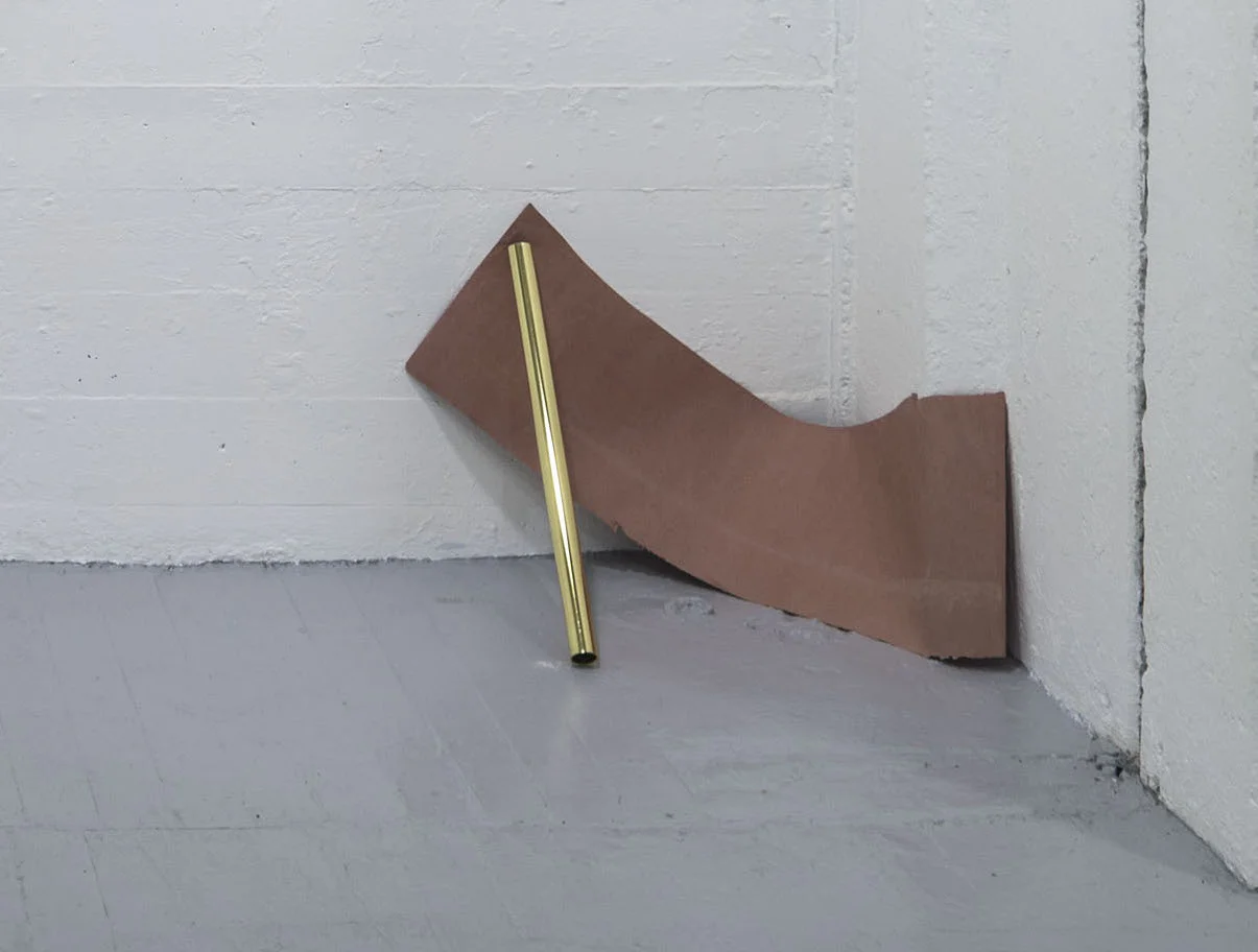Juan & Java Str. , 2015 Found brass piece, used paint cover sheet, Brooklyn 45cm x 50cm x 45 cm