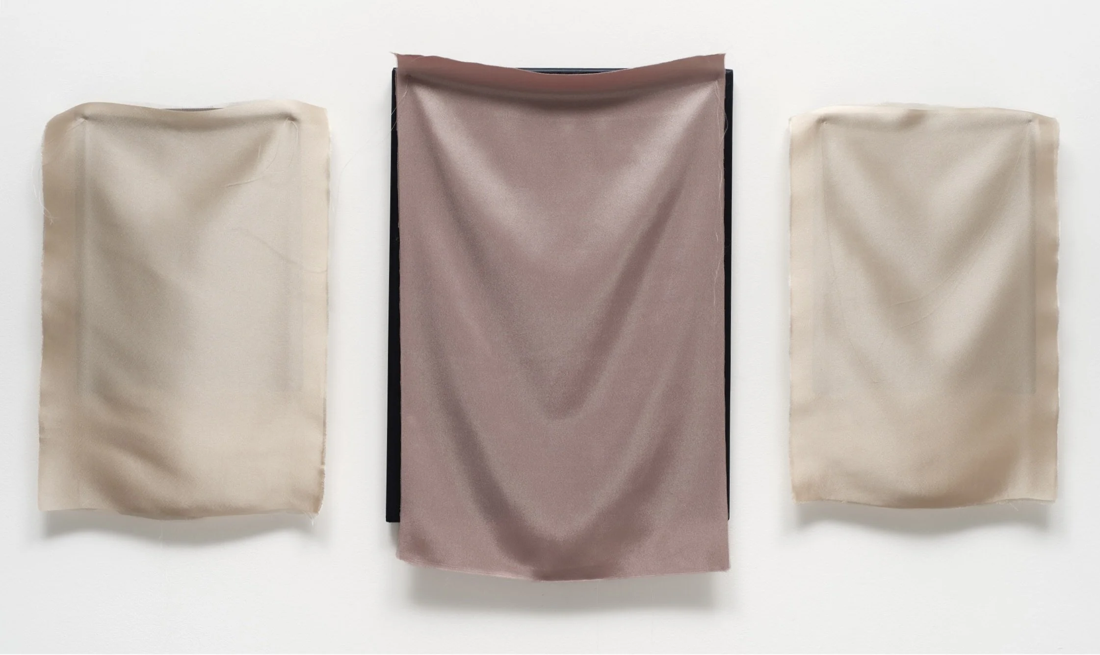   Triptych in Night Blue, Pale Ochre and Ashes of Roses,  2026  Satin, wood panels and stretcher, 46x97 cm / 18x38 in 
