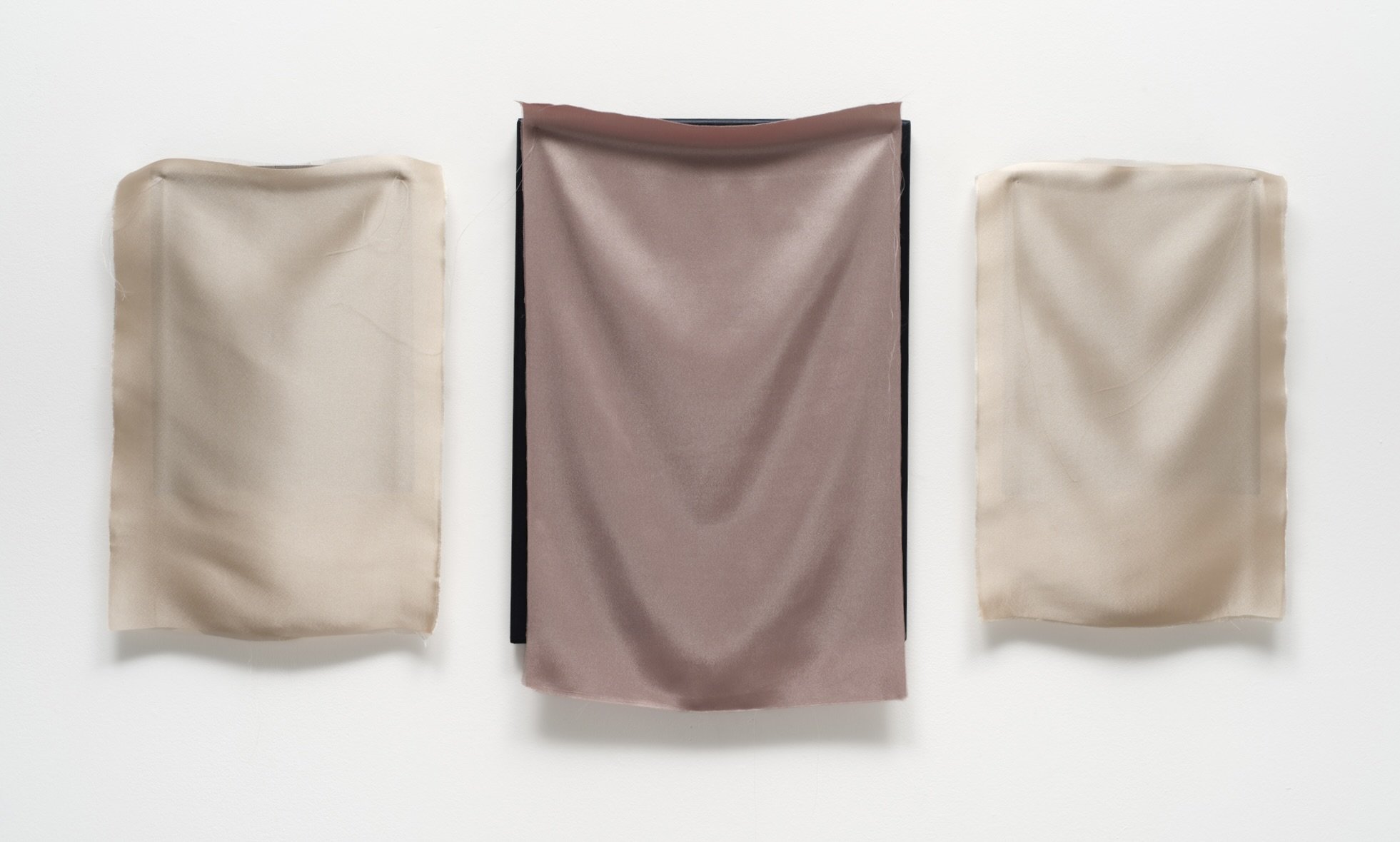   Triptych in Night Blue, Pale Ochre and Ashes of Roses,  2026  Satin, stretcher/wood panels Combined: 46x97 cm / 18x38 in Photo: KC Maddux 