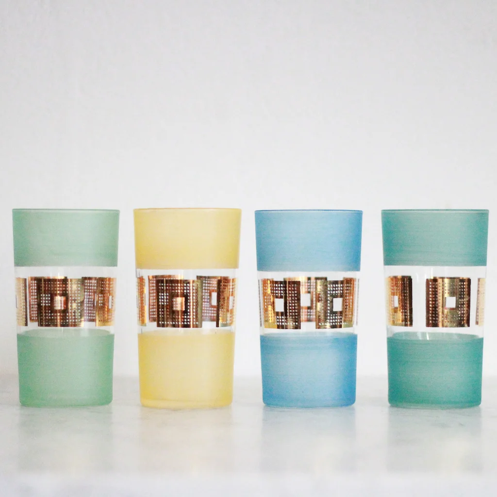 mid century glass set barware green yellow teal left coast revivals 1.jpg