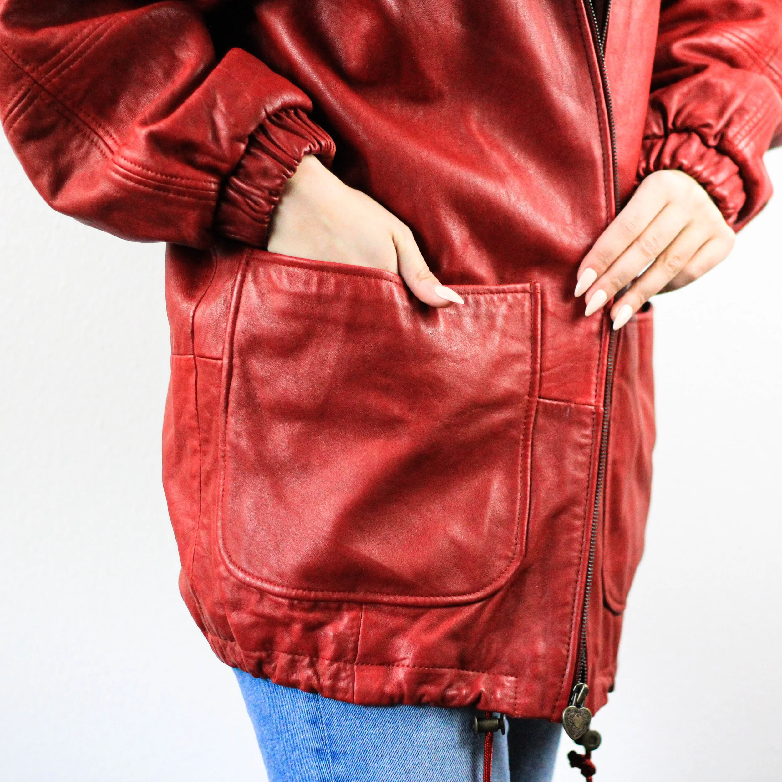 oversized red leather jacket