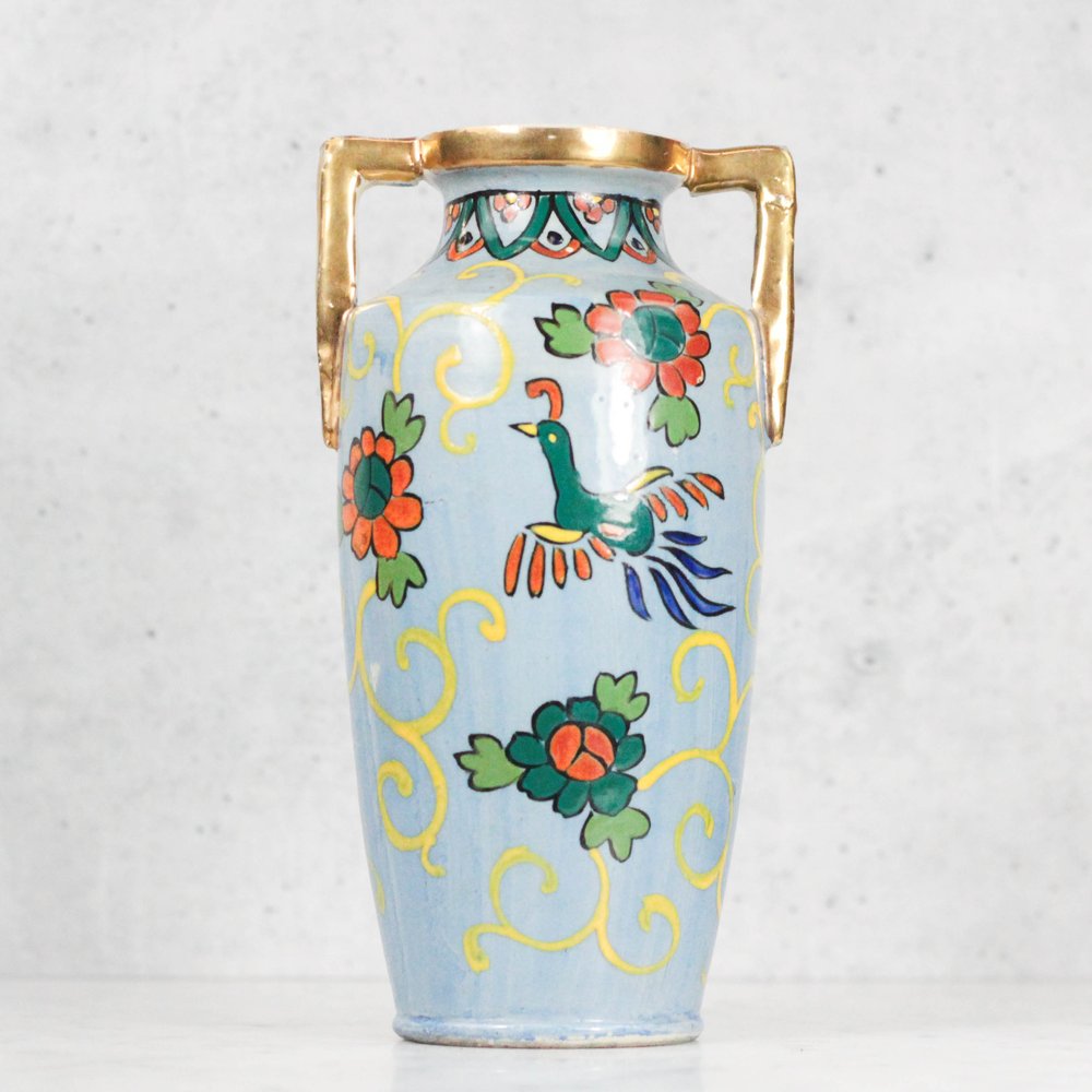 Hand Painted Japanese Vase Featuring Colorful Bird & Botanical