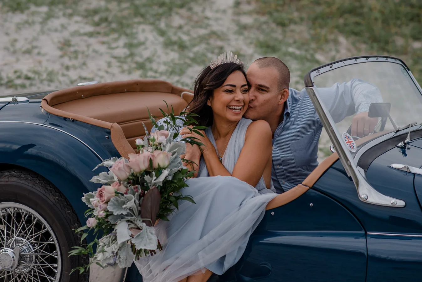 Destination Anniversary Celebration { Folly Beach Charleston, South Carolina Couple Photography | Andrea & Gustavo} | Vintage Car and High Fashion