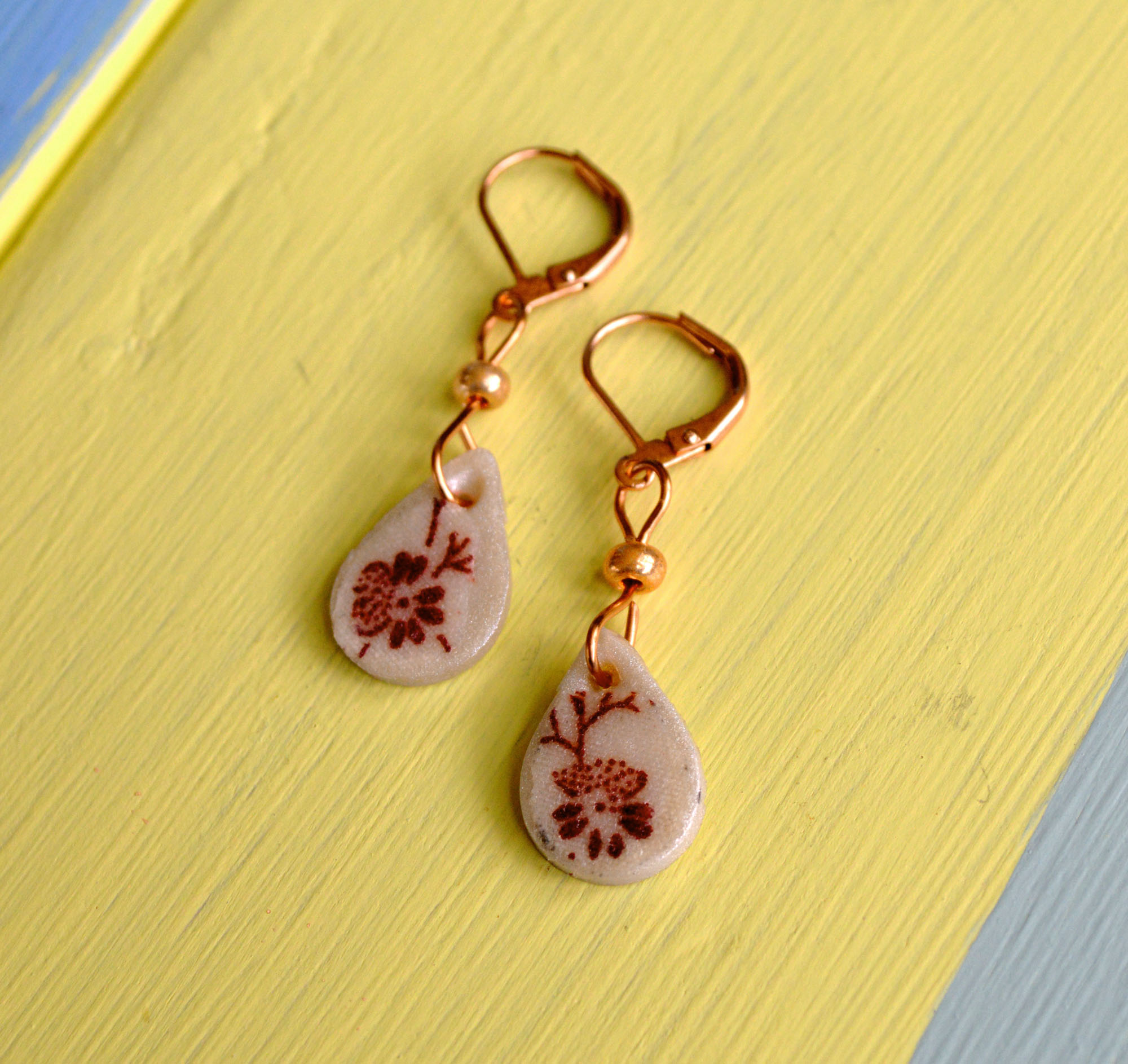 Pearl Polymer Earrings with Red Stamped Fabric