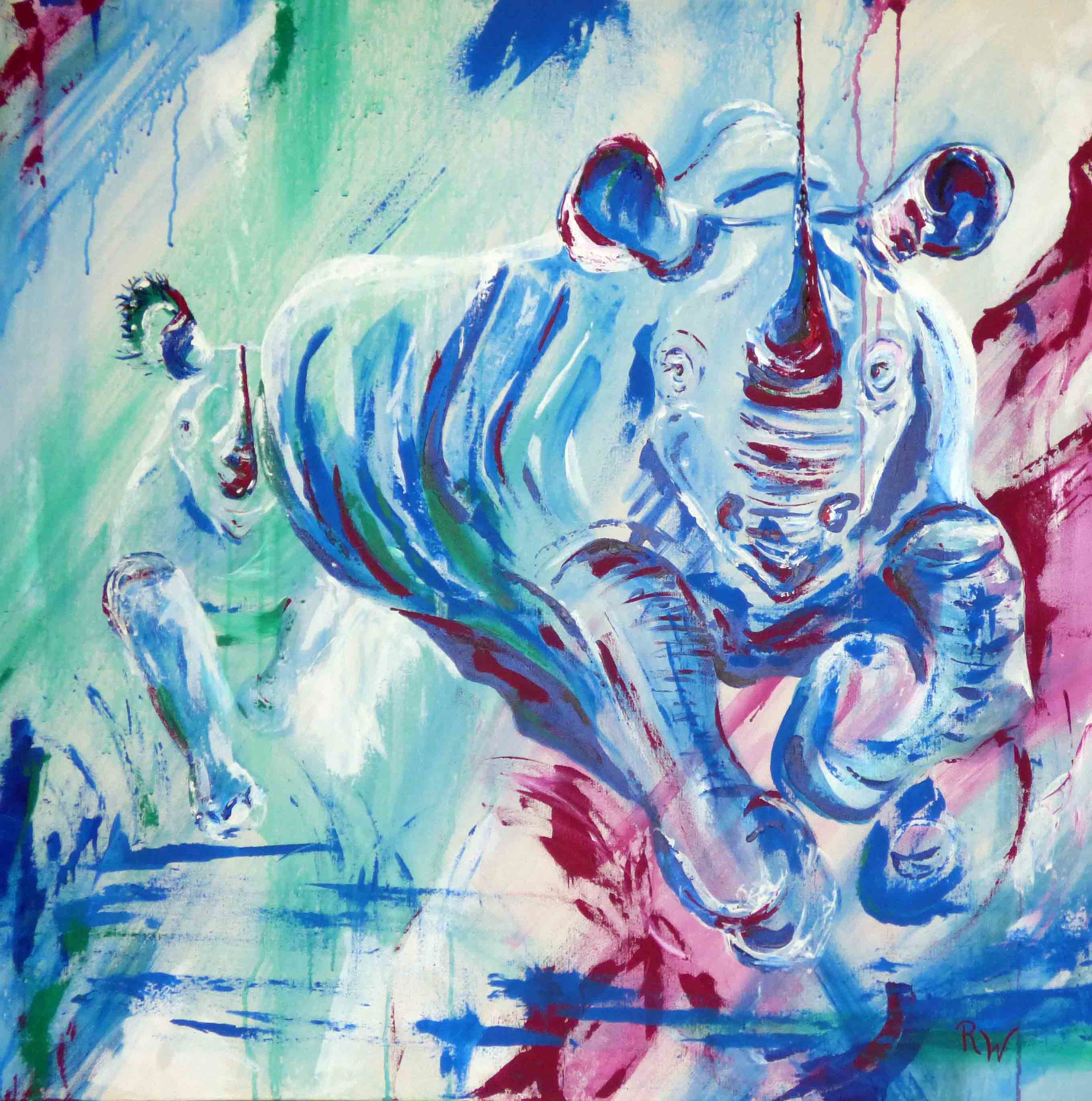 Blue Rhino with Baby, 100 x 100 cm, Acrylic on Canvas, 2013.jpg