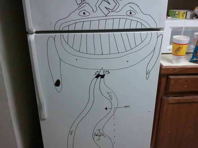 A sketch I did on a friends refrigerator.