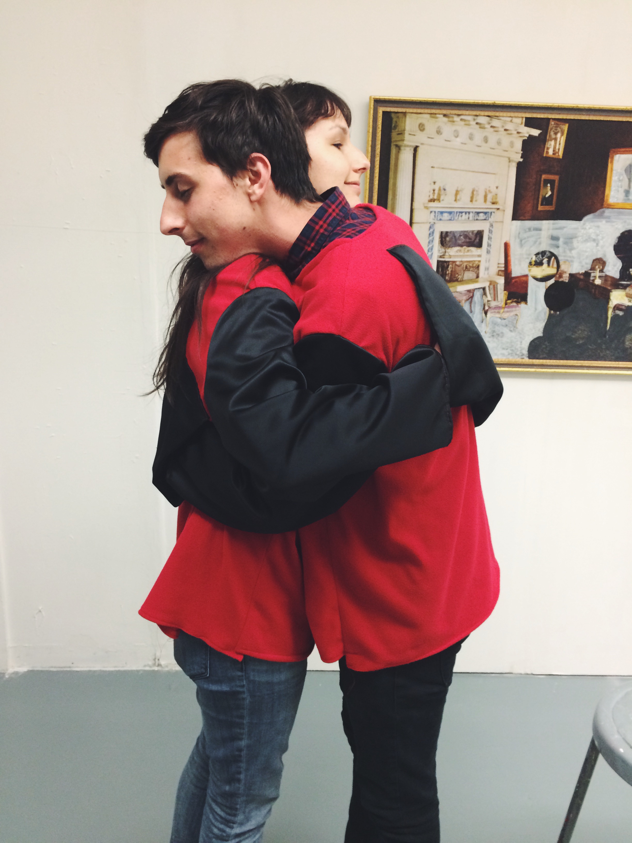 The last piece was the Hug Suit. I created two pull overs made from fleece and silk that were meant to invite two people in for a hug. These suits have a pocket on the back so you know right where to place your hands. All visitors of the workshop were invited to try on the suit with another willing friend, stranger, or someone in the gallery. Physical touch is a huge part of friendship, especially for me. I also love art that can get you to giggle. 