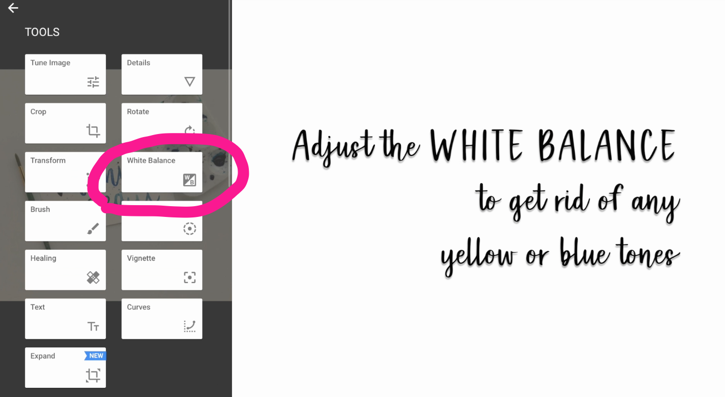 I like to start by adjusting the White Balance of my image. This makes it so that the areas of your image that are supposed to be white actually look white (and not yellow, blue, or another color).