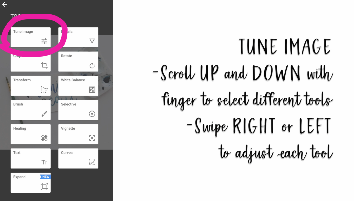 Next, I like to use the Tune Image tool. This tool allows you to change the Brightness, Contrast, Saturation, Highlights, etc. Just scroll up and down on the screen to select the different tools.