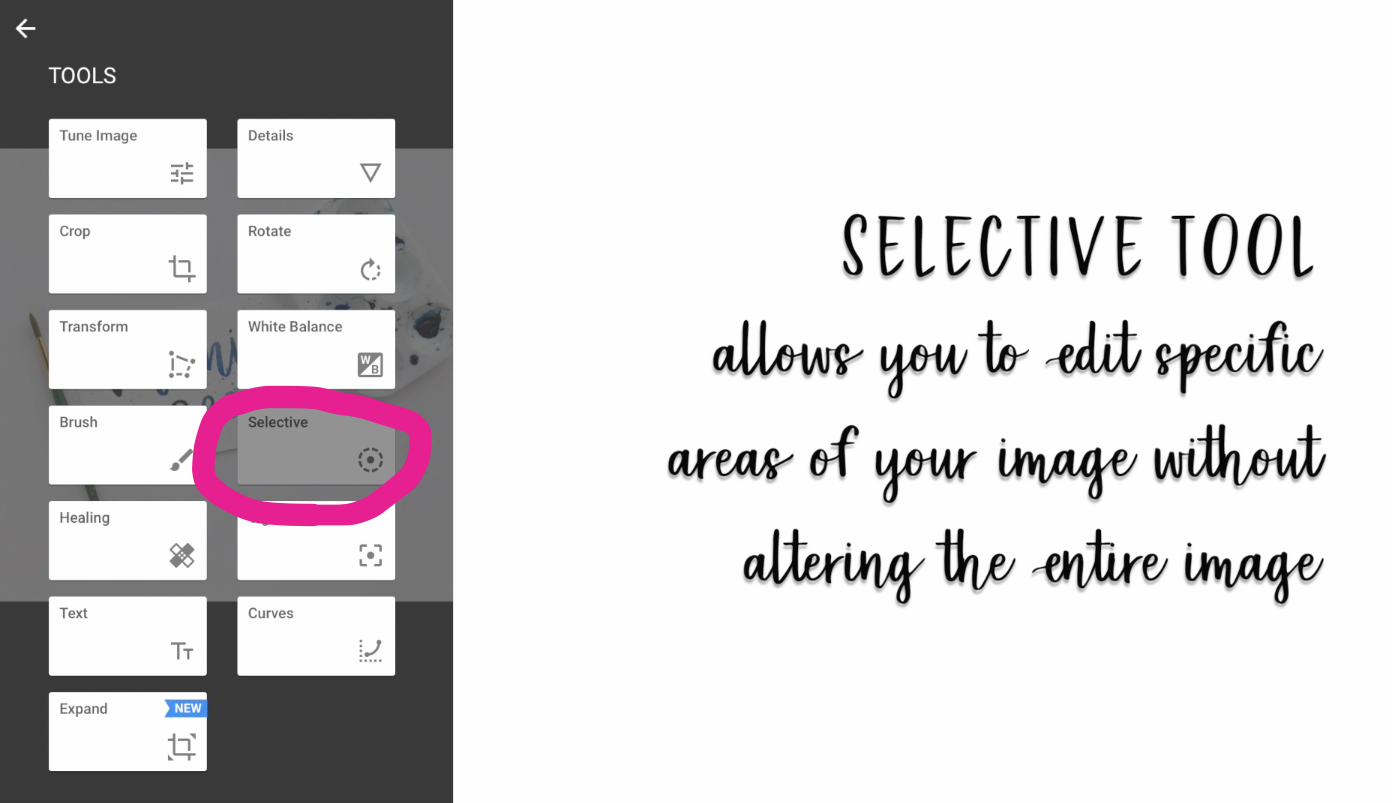The last tool that I like to use is the Selective Tool. This tool is awesome because you can edit specific areas of your photo without changing the whole image. For example, you can change the brightness of the background without affecting the brightness of your lettering.