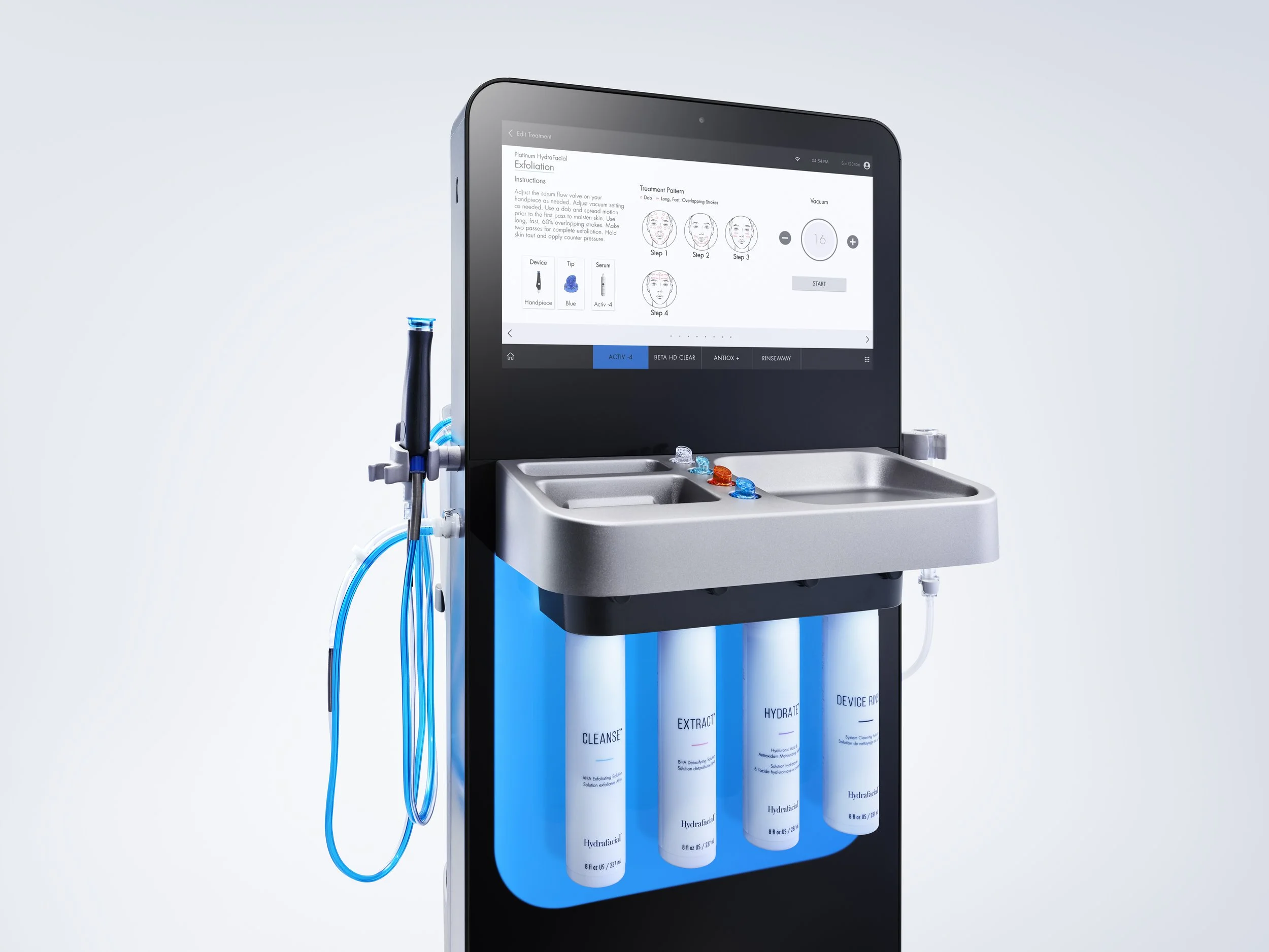 A modern skincare treatment machine with a digital screen, labeled tubes with skincare solutions, and a handpiece connected by blue hoses.