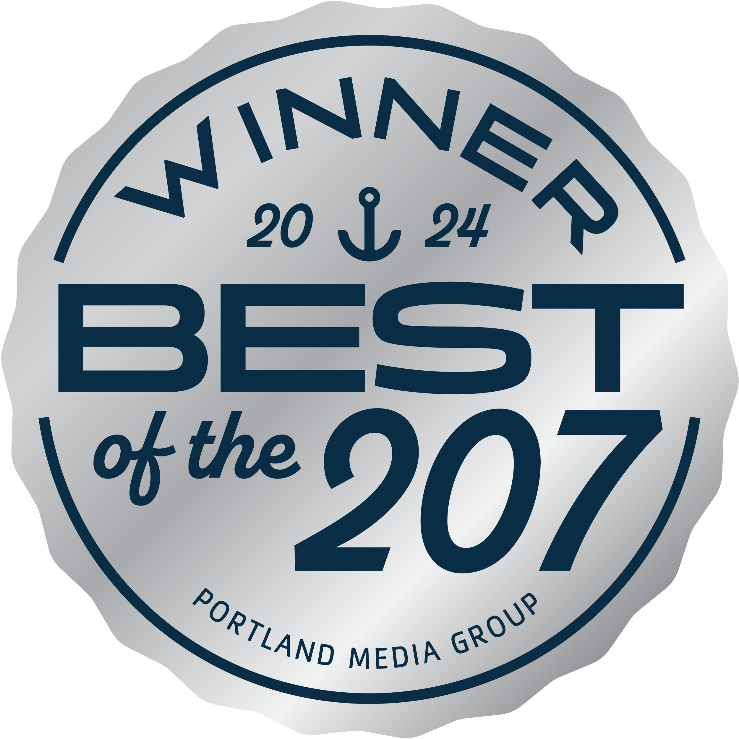 A badge with a silver background that reads 'Winner 2024 Best of the 207.' It has an anchor symbol at the top and the text 'Portland Media Group' at the bottom.