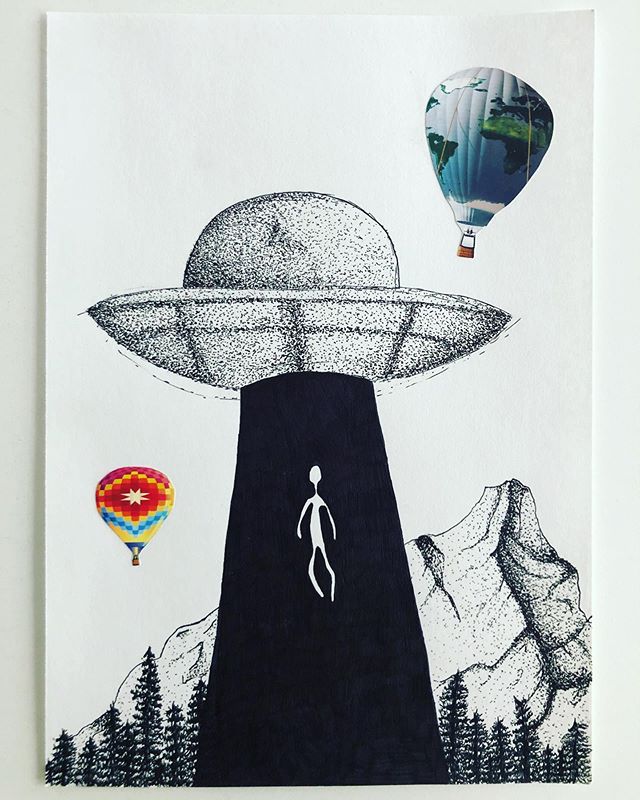 Get me outta here 🖖🏼🌎
. .
#drawfordonation #plannedparenthood #stippling #blackandwhitedrawings #sketchinh #alienart #mixedmedia #collage #collageart #collaging #mountainsketch #spaceshipearth #ufo #hotairbaloon
