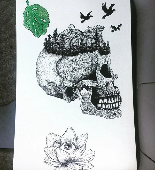 I&rsquo;ve got something on my mind... #existentialcrisis .
. 
#stippling #ballpointpenart #mountainsketch #skullsketch #blackworknow #pointillism #blackandwhiteart #drawing #pendrawing #pastel #pasteldrawing #bonehead #flyaway #skull #skulltattoo #t