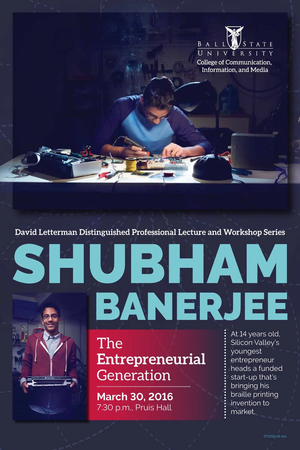 David Letterman Distinguished Professional Lecture and Workshop Series poster for Shubham Banerjee
