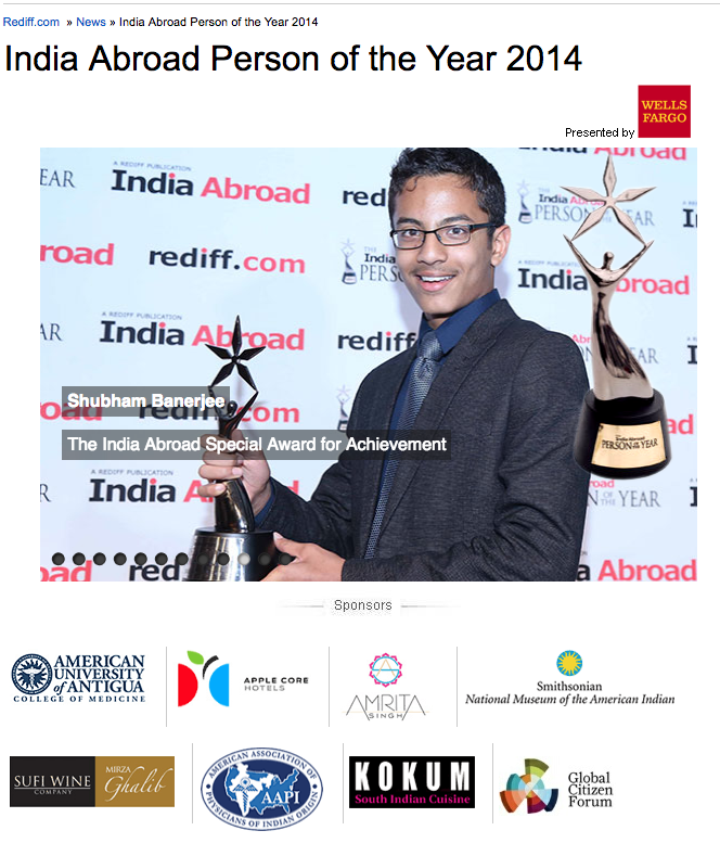 Shubham Banerjee receiving the India Abroad Special Award for Achievement 2014
