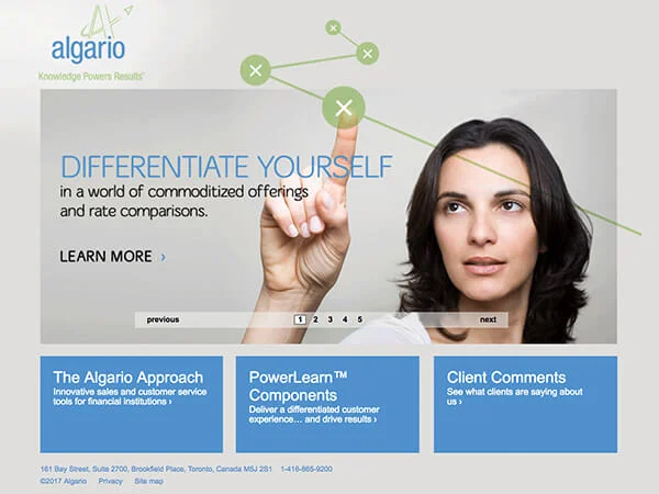Algario extends their rebrand Learning Development provider Algario was going in a new direction communications-wise. Our re-design of their print, communications and presentation products had been very successful for them – they knew they had to step up their game online to stay consistent. We re-designed their website with focused content, a more effective navigation system and kicky graphics to help communicate their messaging with impact. algario.com