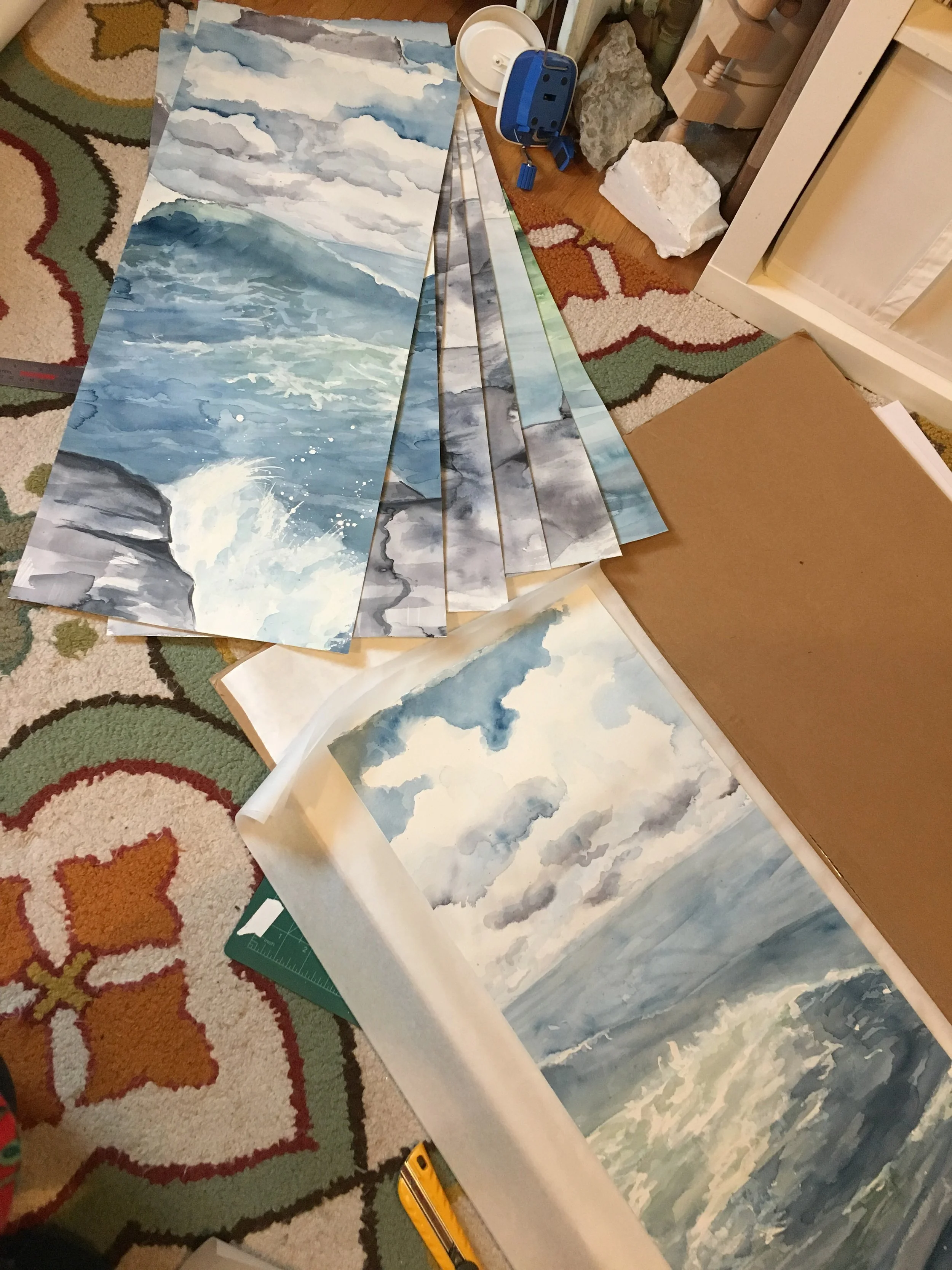  Large scale watercolor mural for AGI conference room after being cut into strips. 