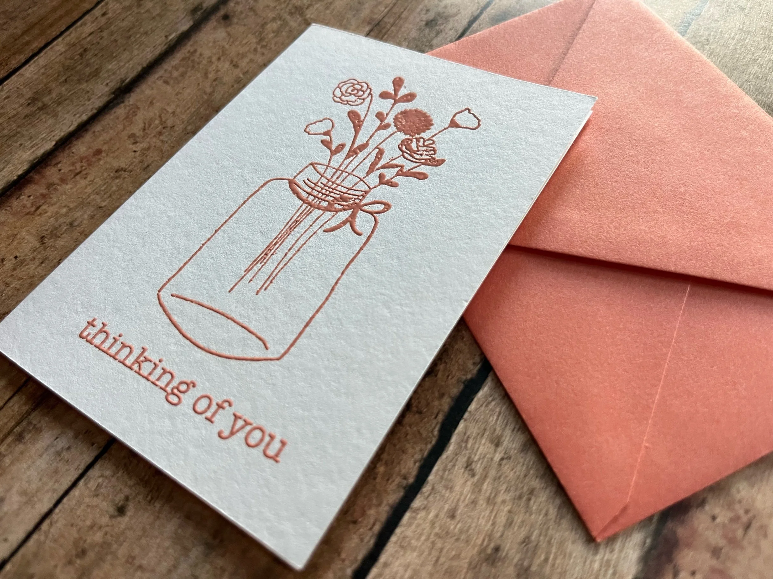 handmade mason jar with flowers thinking of you greeting card in papaya ink with matching envelope