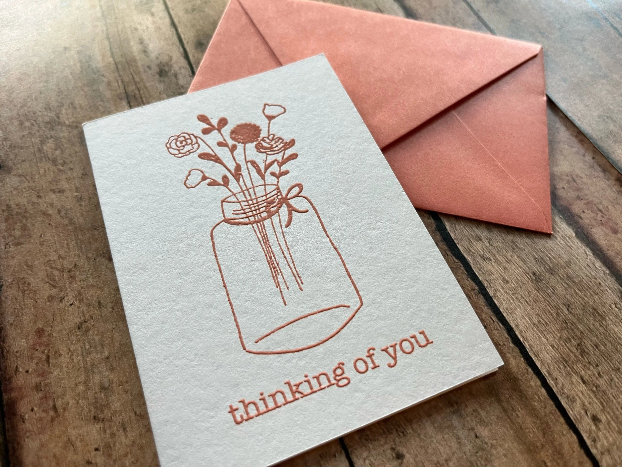 handmade mason jar with flowers thinking of you greeting card in papaya ink with matching envelope