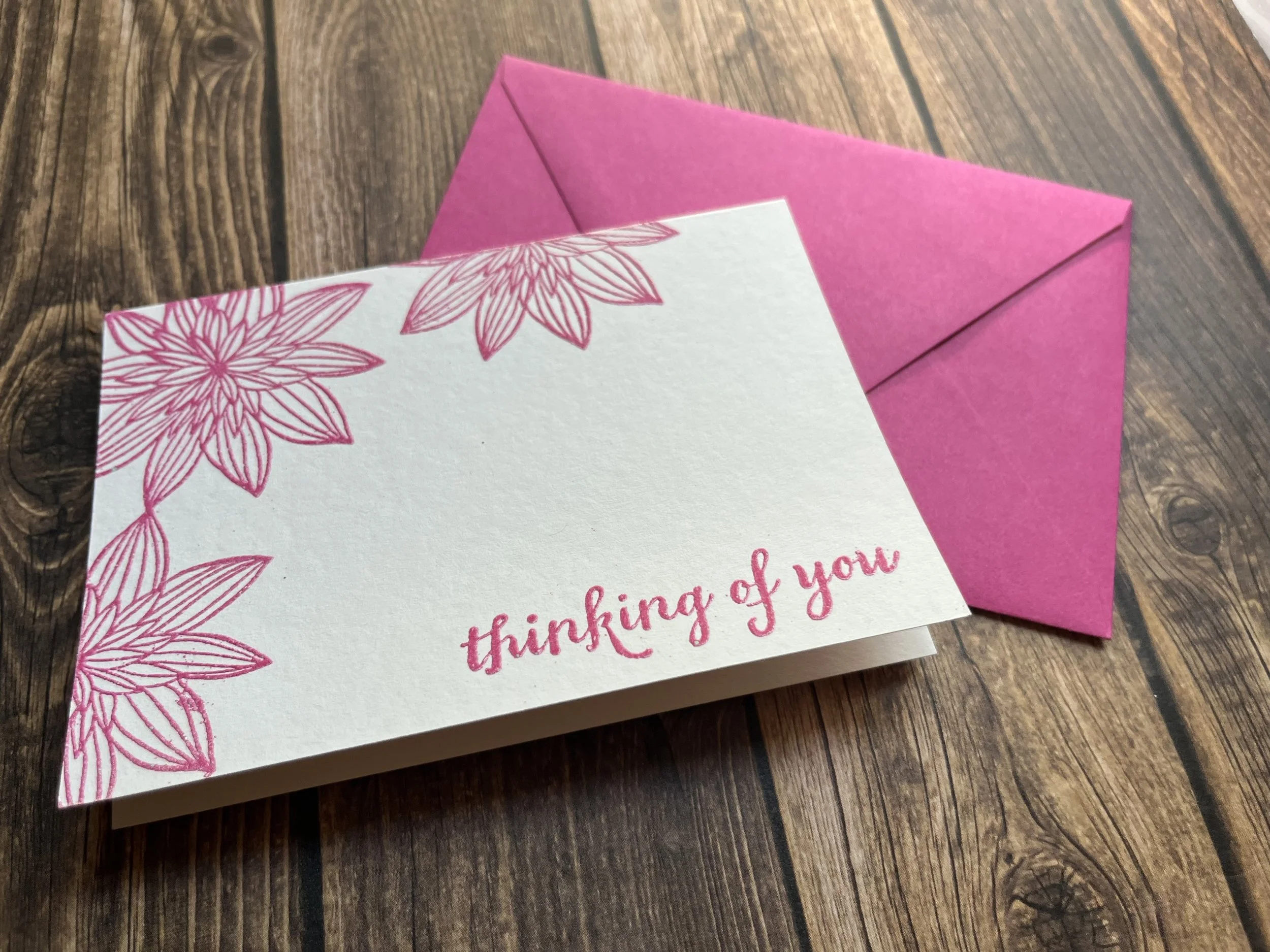 handmade eco-friendly pink colored "Thinking of You" greeting card with trio of night blooming flowers and matching envelope