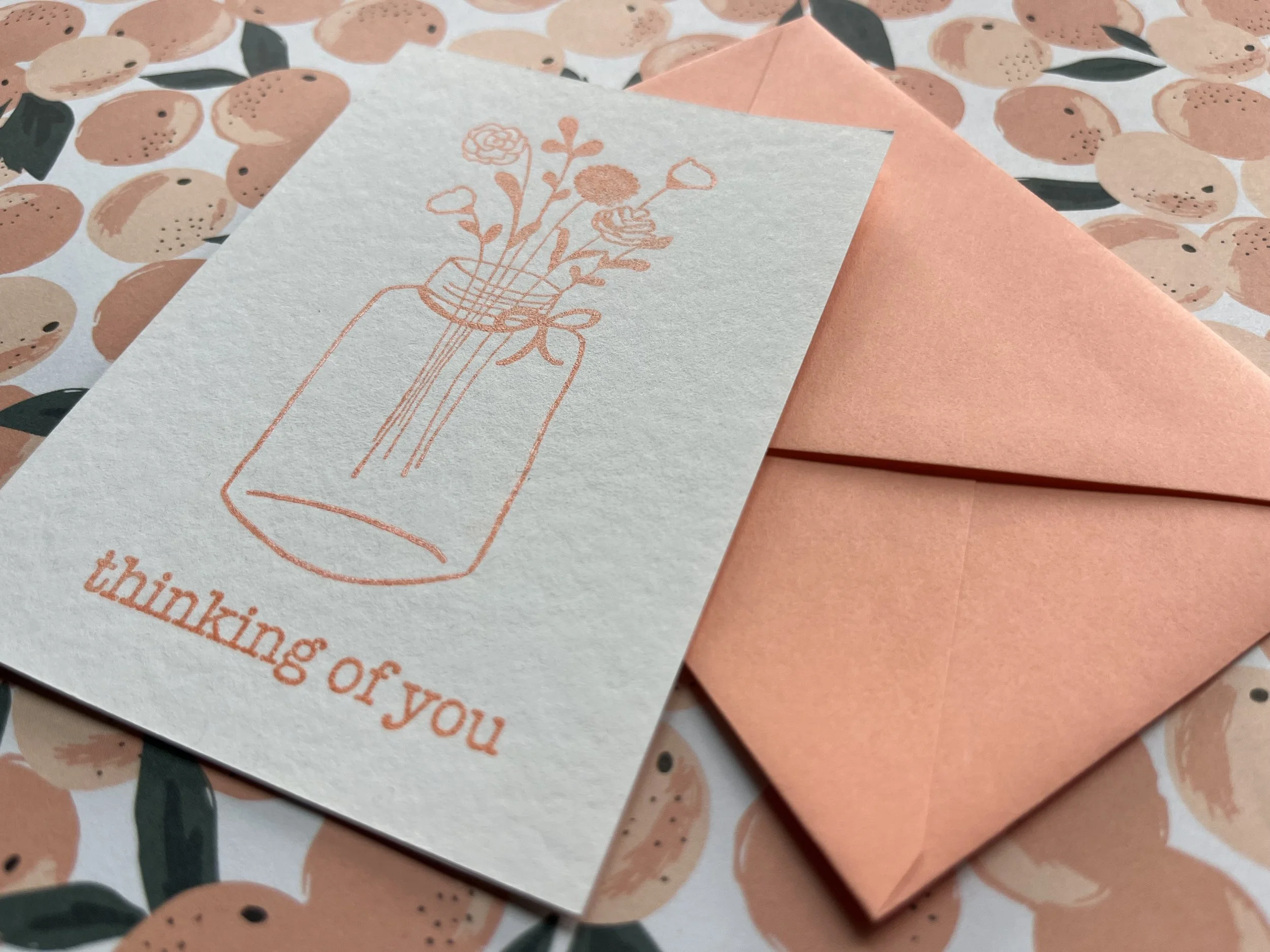 handmade mason jar with flowers "Thinking of You" greeting card in coral ink with matching envelope