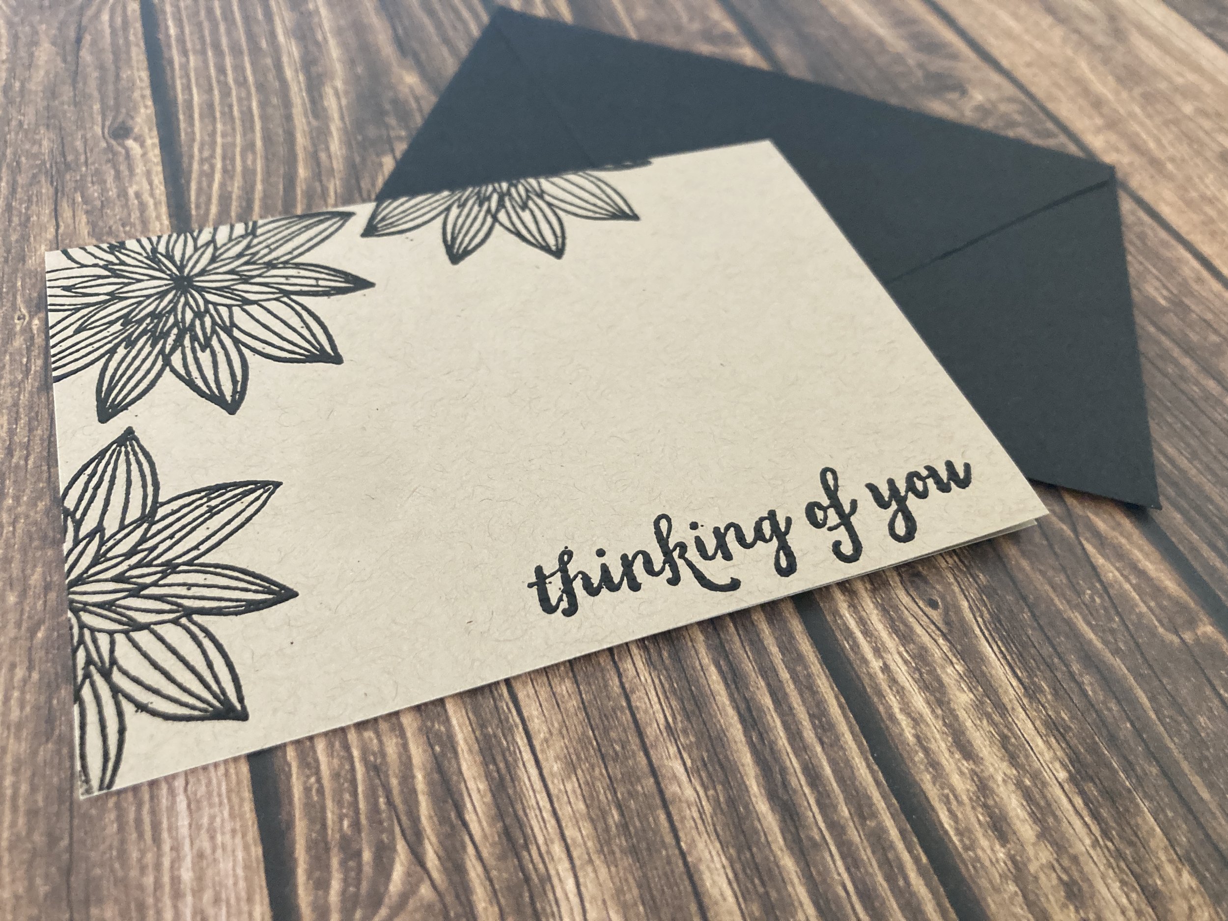 handmade eco-friendly "Thinking of You"greeting card with trio of night-blooming flowers in black ink on kraft cardstock with matching envelope