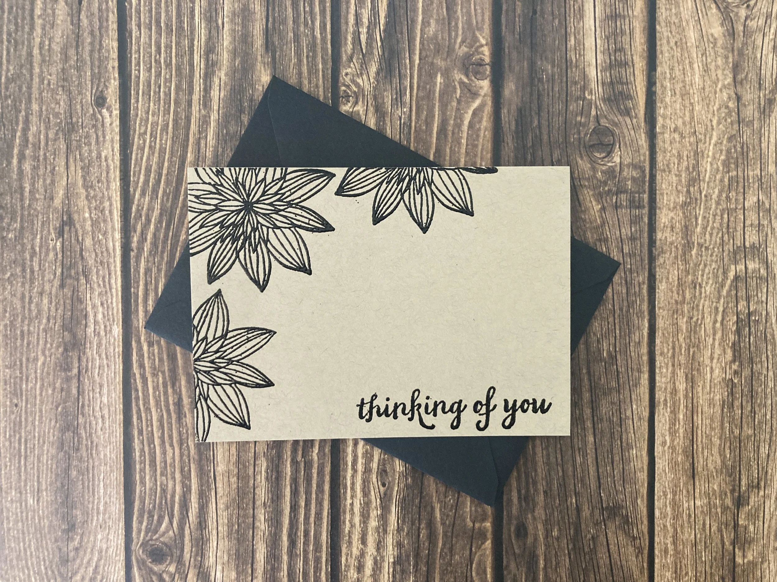 handmade eco-friendly "Thinking of You"greeting card with trio of night-blooming flowers in black ink on kraft cardstock with matching envelope