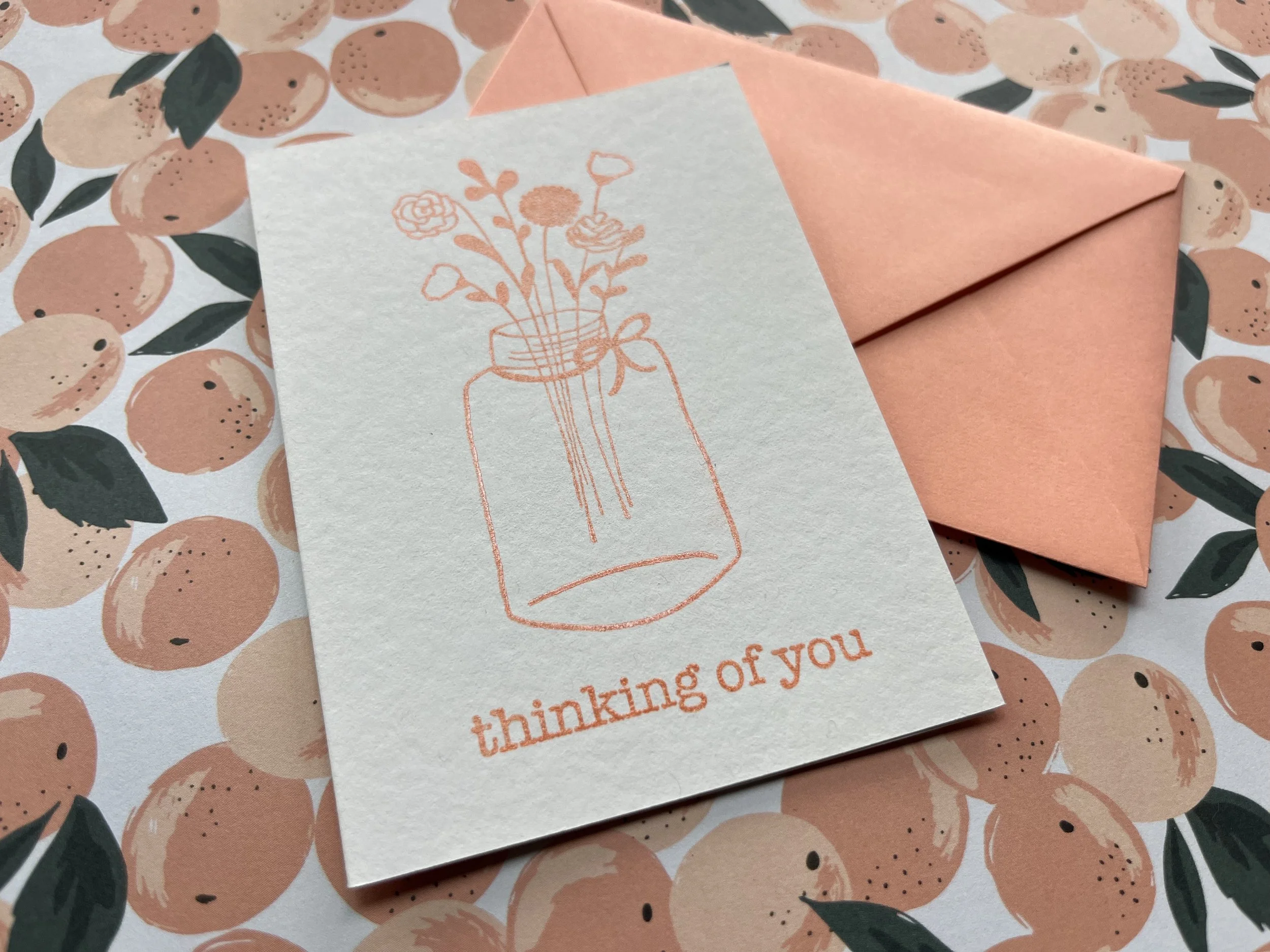 handmade mason jar with flowers "Thinking of You" greeting card in papaya ink with matching envelope