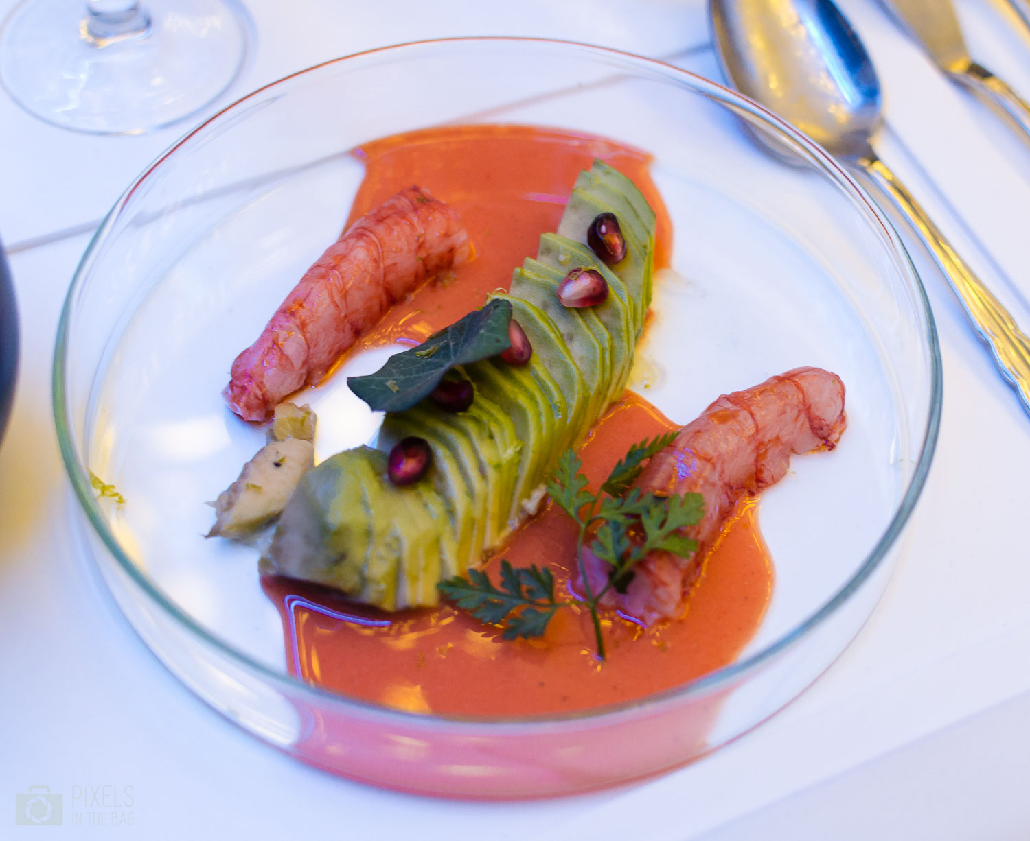 Crevette Gambero Rosso, jus de corail et avocat