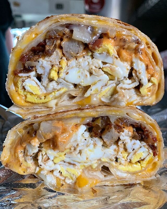 👀 closely and you can see the twice-wrapped, double-cheesy layer of tortilla. This is a custom Breakfast Burrito with light potato, extra egg white and #extracoopsauce 💦 ** we will be parked in front of 17th St. surf shop this Saturday from 11 AM t