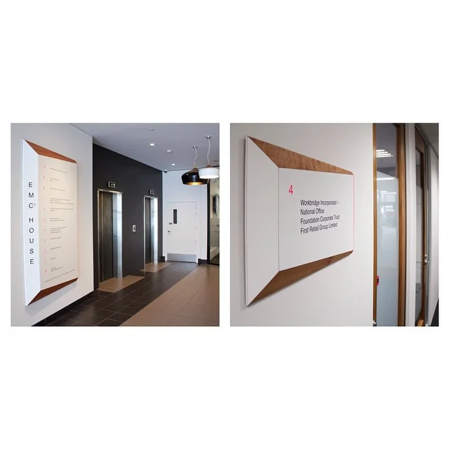 It&rsquo;s UP! The #signage that Designtree worked on with Kate Alterio for Tee Property Services has been installed and is showing people the way in Wellingtons EMC building.  We built 1 large directory board and 10 smaller signs made from NZ Beech timber and white #formica to compliment the #cocopendant from Coco Flip design studio and the artworks by NZ artist #judydarragh