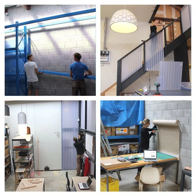 Designtree studio space, nectar lamps, pil lights, wrapping paper roll.