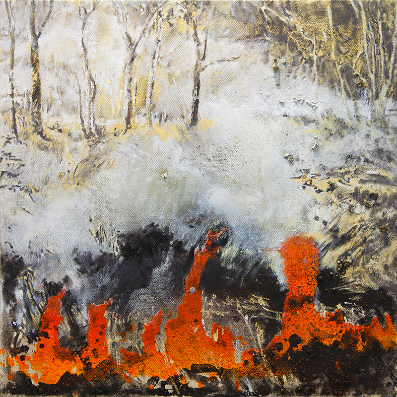 Mandy Martin Fire Work #2 2017, oil on linen, 100cm x 100cm. Courtesy of the Artist and Australian Galleries, Sydney and Melbourne. Photographer: Alexander Boynes