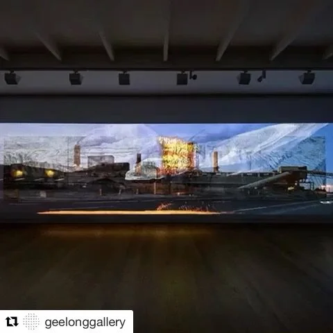 Alexander Boynes, Mandy Martin and Tristen Parr, "Luminous Relic", 2018, Pigment, acrylic and oil on linen, video with stereo sound score, 260cm x 1150cm