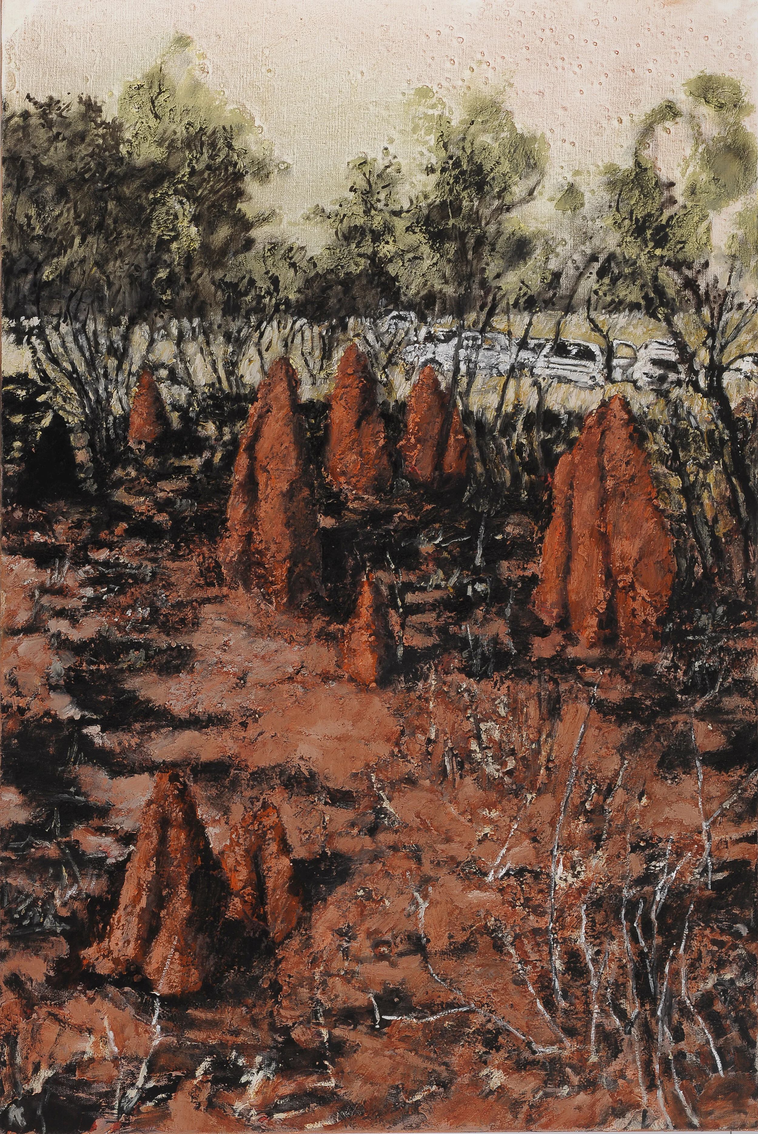 Mandy Martin, "Wanderers in the Desert of the Real; termite mounds and cars", 2009, Ochre, pigment, oil on linen, 150 x 100 cm