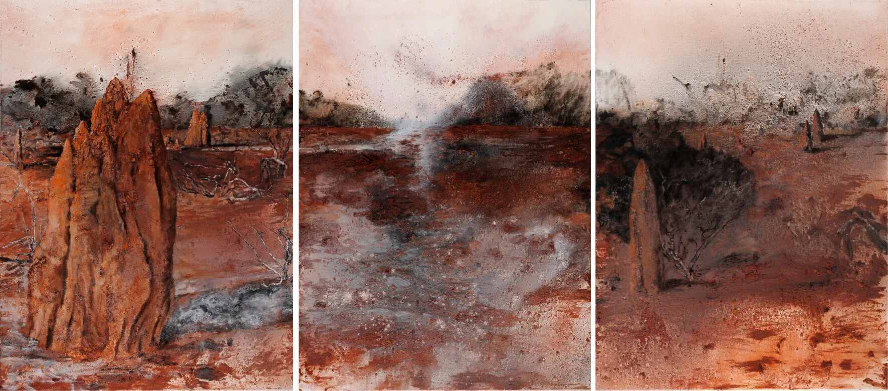 Mandy Martin, "Wanderers in the Desert of the Real; Termite mounds, Diamantina road", 2009, Ochre, pigment, acrylic on arches, 40 x 90 cm
