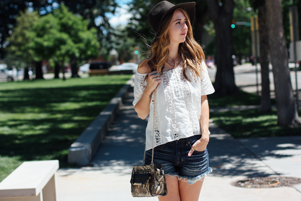 Forever 21 off-the-shoulder blouse, American Eagle hat and denim shorts, and JustFab handbag via truelane.png