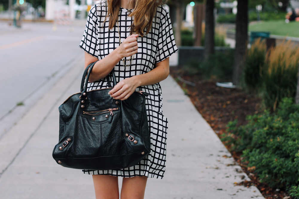 Balenciaga tote, Abercrombie dress and LOFT necklace via truelane.png