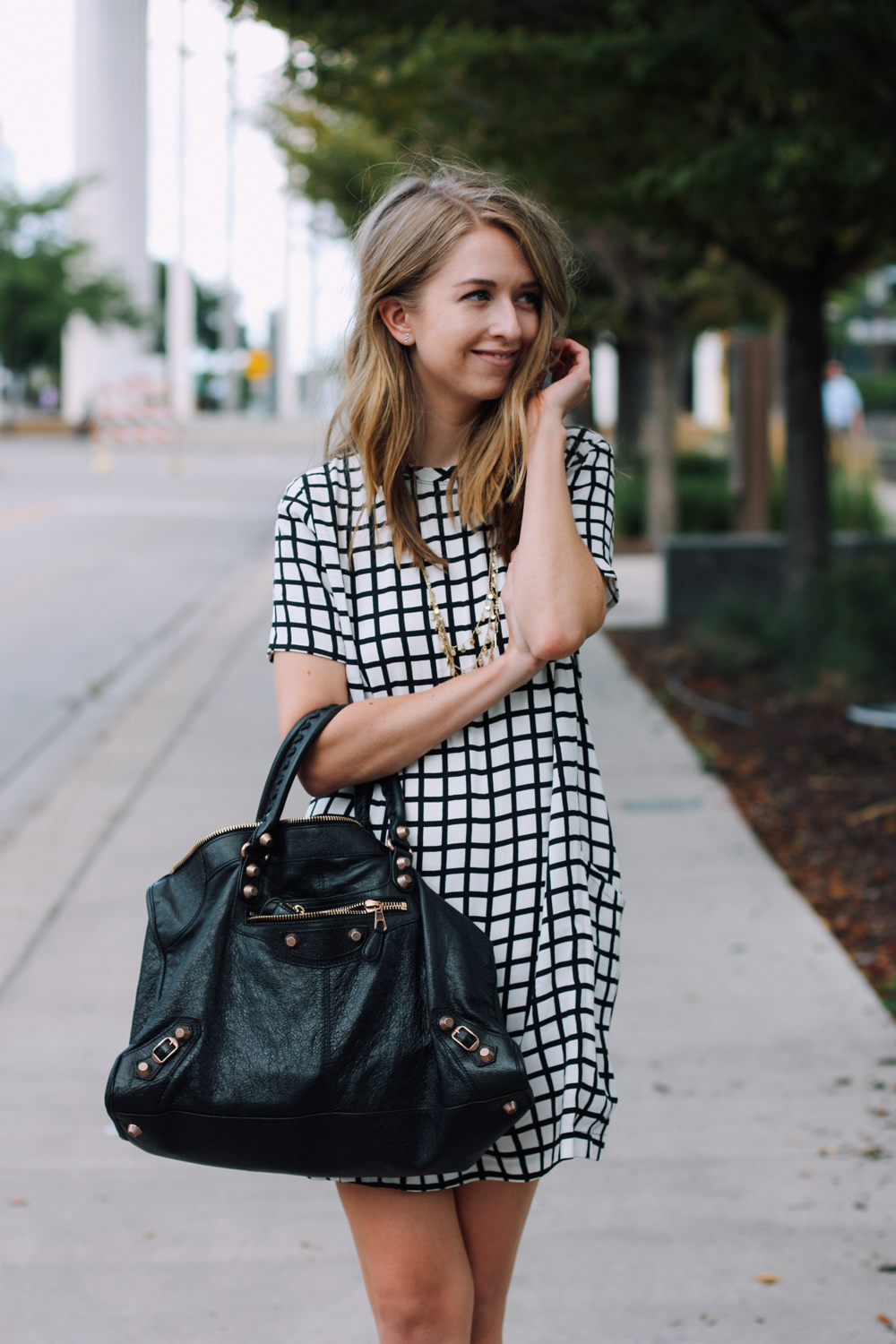 LOFT necklace, Abercrombie dress, Balenciaga tote via truelane.png