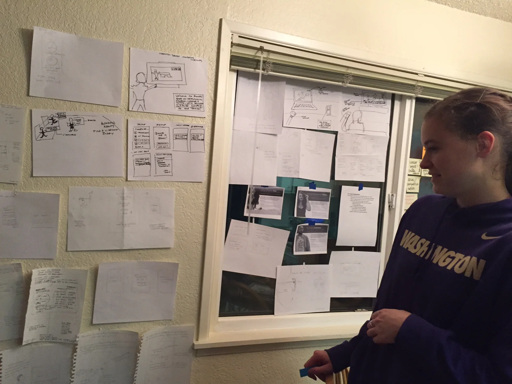 We pasted all our design ideas on the wall, along with the personas, and then used colored sticky notes to 'vote' on our favorites. We then discussed the finalists and determined which three would best fit our users' needs.