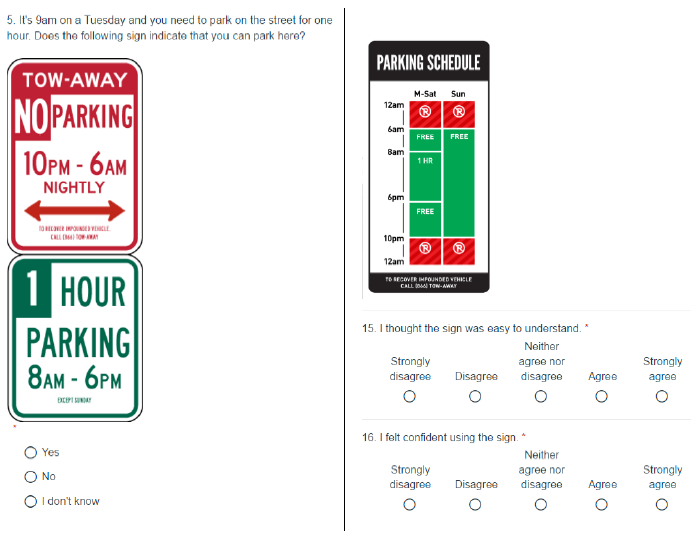 Questions asked for each sign, including the treatment and control parking signs.