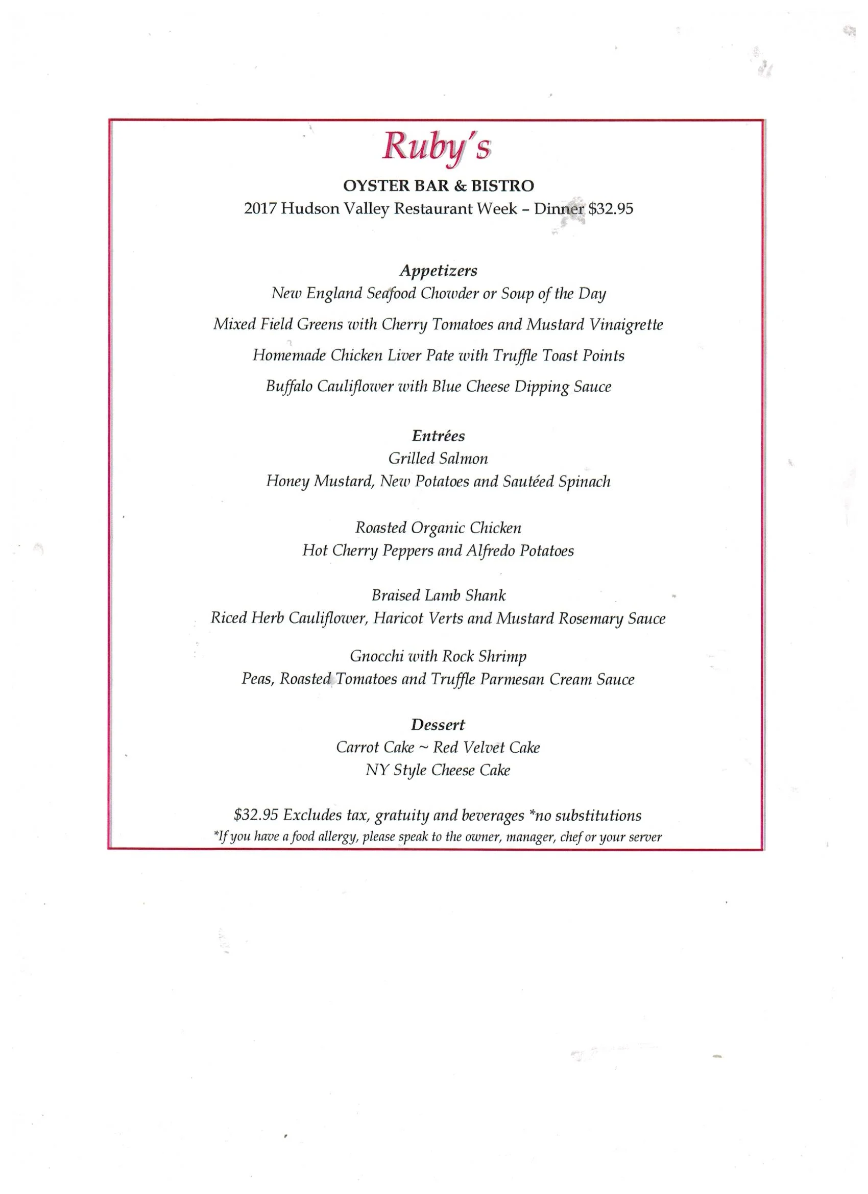 Ruby's Oyster Bar & Bistro Hudson Valley Restaurant Week