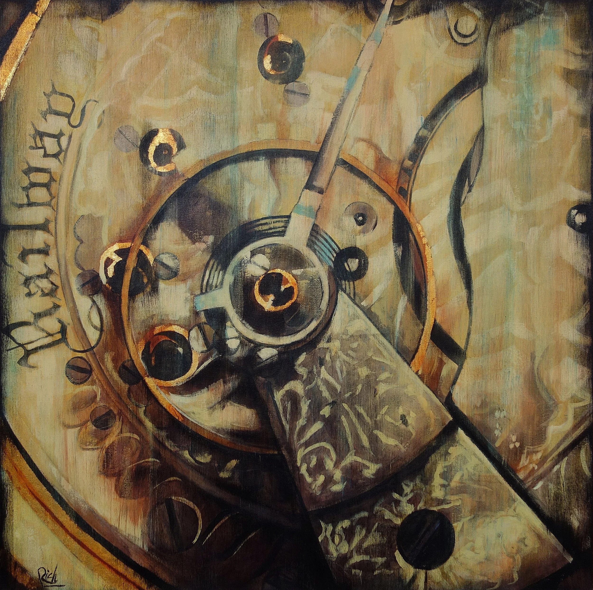 Railman watch rear view Acrylic and gold leaf on canvas 36x36